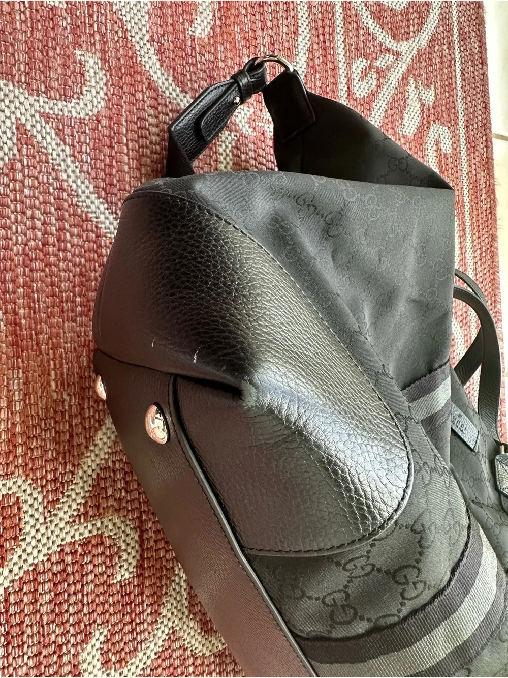 Gucci GG Nylon Duffle Bag Black Leather Trim Travel Weekender Shoulder Bag